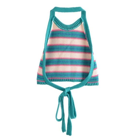 Zara Striped Pink/Teal/White Knit Open Back Halter Crop Top - Picture 8 of 9